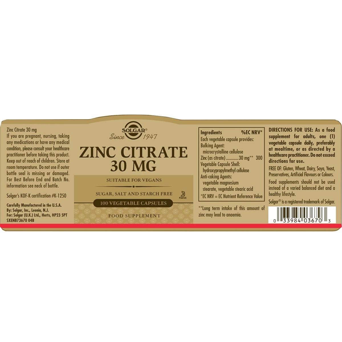 SOLGAR - Zinc Citrate 30mg - 100caps