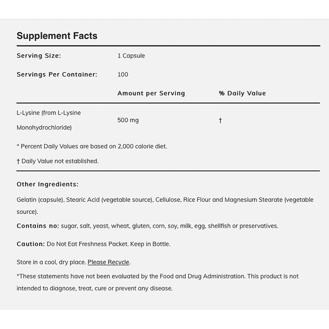 NOW - L-Lycine 500mg Παραγωγή πρωτεινών & αντισωμάτων - 100caps