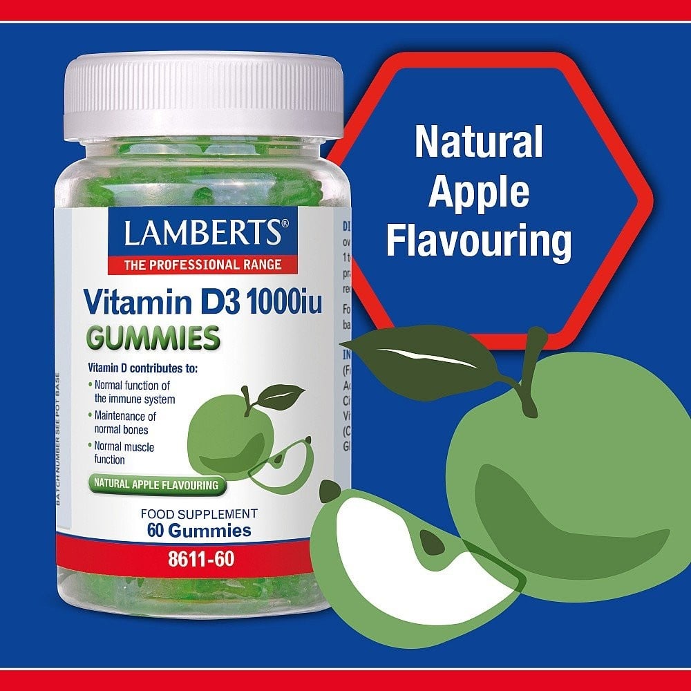 LAMBERTS - Vitamin D3 1000iu με γεύση μήλου - 60 gummies