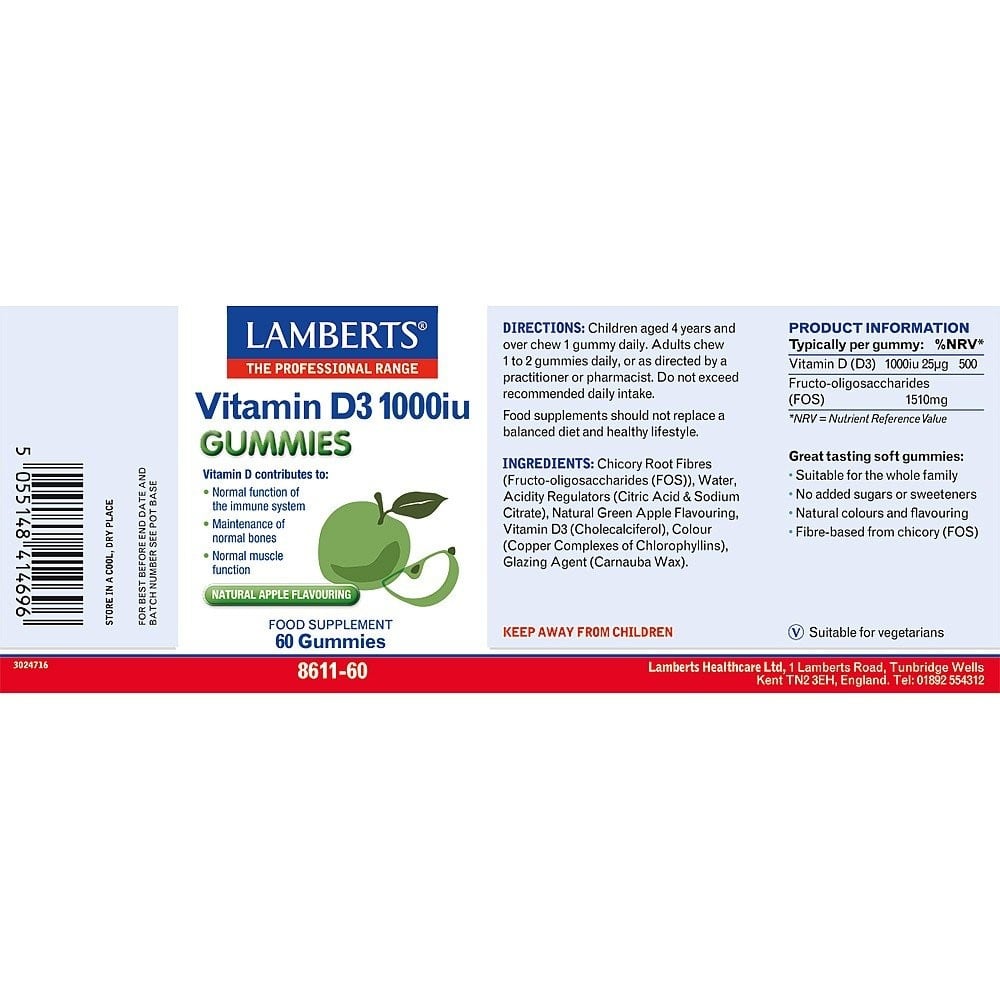 LAMBERTS - Vitamin D3 1000iu με γεύση μήλου - 60 gummies