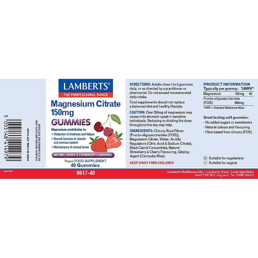LAMBERTS - Magnesium Citrate 150mg με γεύση φράουλα και κεράσι - 40gummies
