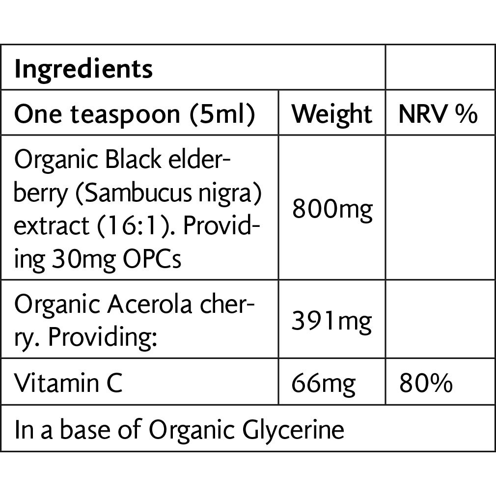 VIRIDIAN - Elderberry & Vitamin Extract Βιολογικό εκχύλισμα μαύρου elderberry με προσθήκη βιταμίνης C - 100ml